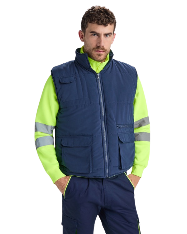 Chaleco alta visibilidad acolchado reversible multibolsillos con faldón RO9313