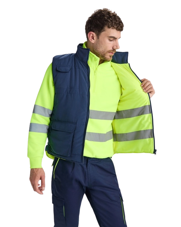Chaleco alta visibilidad acolchado reversible multibolsillos con faldón RO9313